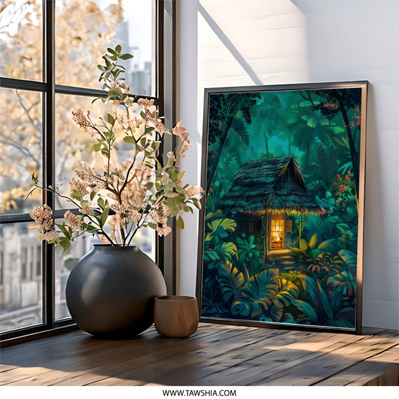Tropical Hut Wall Art, Jungle Print, Cabin in Woods, Lush Foliage Painting, Exotic Home Decor, Nature Lover Gift - Tawshia