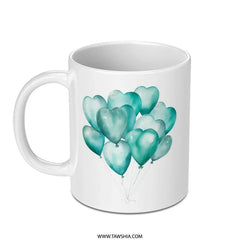 Teal Heart Balloons Mug, Watercolor Balloons, Celebration Drinkware, Anniversary Gift, Heart Mug, Romantic Gift Mug, Party Favor Mug - Tawshia