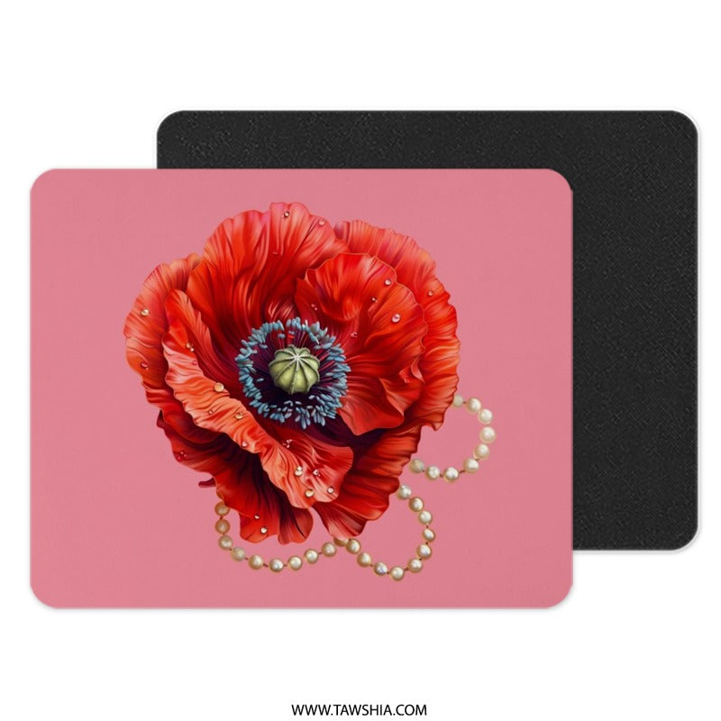Red Poppy Mouse Pad, Floral Desk Accessory, Flower Art, Pearl Jewelry, Unique Computer Gift, Modern Office Decor, Elegant Desk Pad - Tawshia