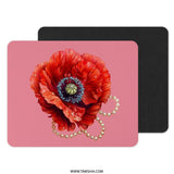 Red Poppy Mouse Pad, Floral Desk Accessory, Flower Art, Pearl Jewelry, Unique Computer Gift, Modern Office Decor, Elegant Desk Pad - Tawshia