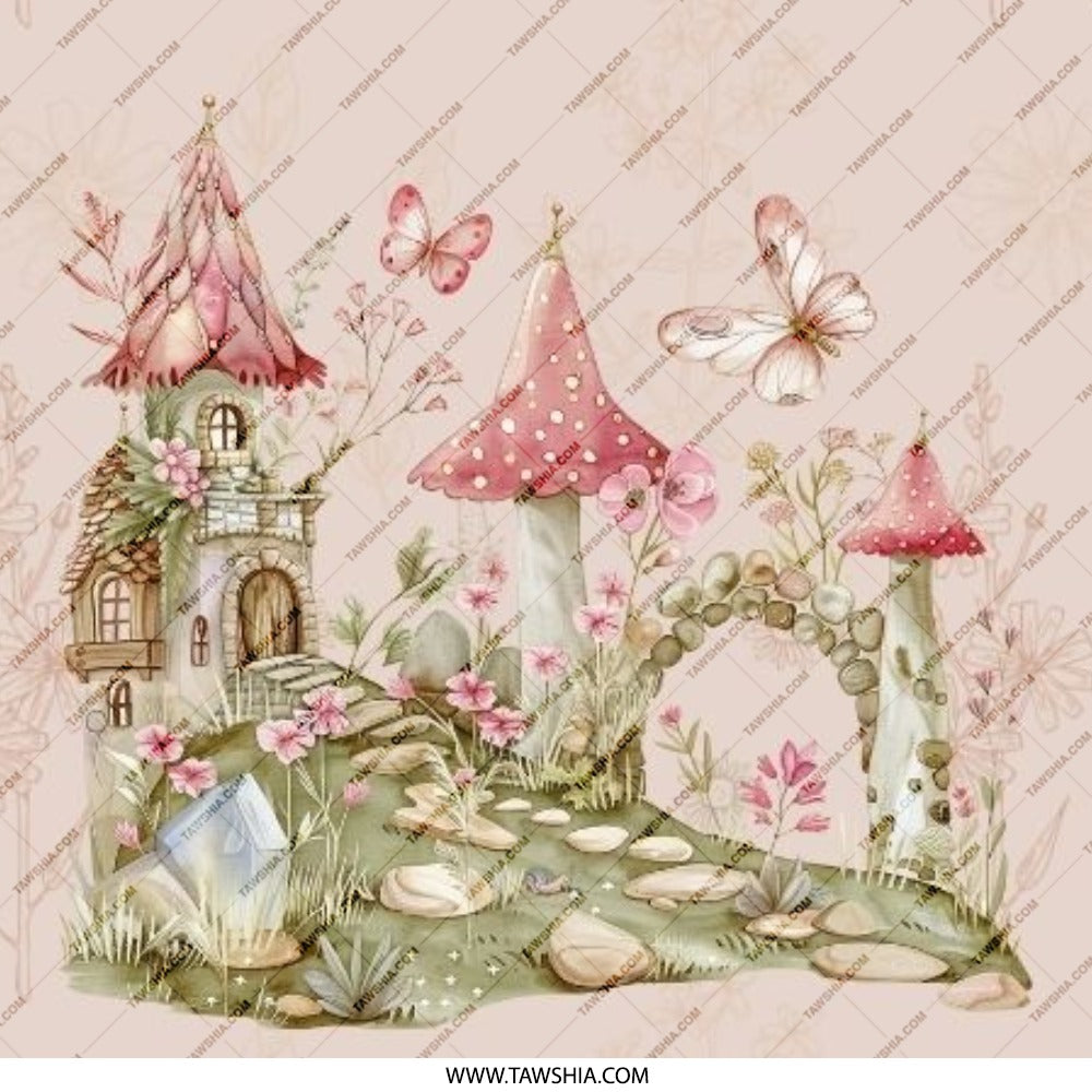 Fairy Castle Pinback Button, Magical Kingdom, Mushroom House, Fantasy Art Badge, Whimsical Garden, Pink Floral Decor, Cute Aesthetic - Tawshia