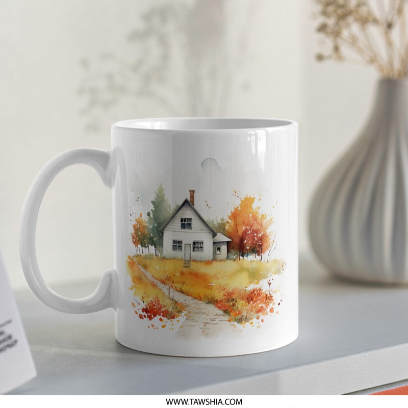Cozy Autumn Home Mug, Watercolor House Coffee Mug, Fall Decor Mug, Farmhouse Mug, Autumn Landscape Mug, House Illustration Mug - Tawshia