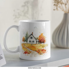 Cozy Autumn Home Mug, Watercolor House Coffee Mug, Fall Decor Mug, Farmhouse Mug, Autumn Landscape Mug, House Illustration Mug - Tawshia