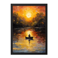 Golden Lake Wall Art, Sunset Landscape Art, Boat Painting Artwork, Serene Water Reflection Art, Nature Lover Gift Wall Decor - Tawshia