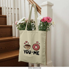 You and Me Tote Bag, Coffee Donut Design, Cute Couple Gift, Anniversary Bag, Food Lover Present, Sweet Treat, Valentine Gift Idea - Tawshia