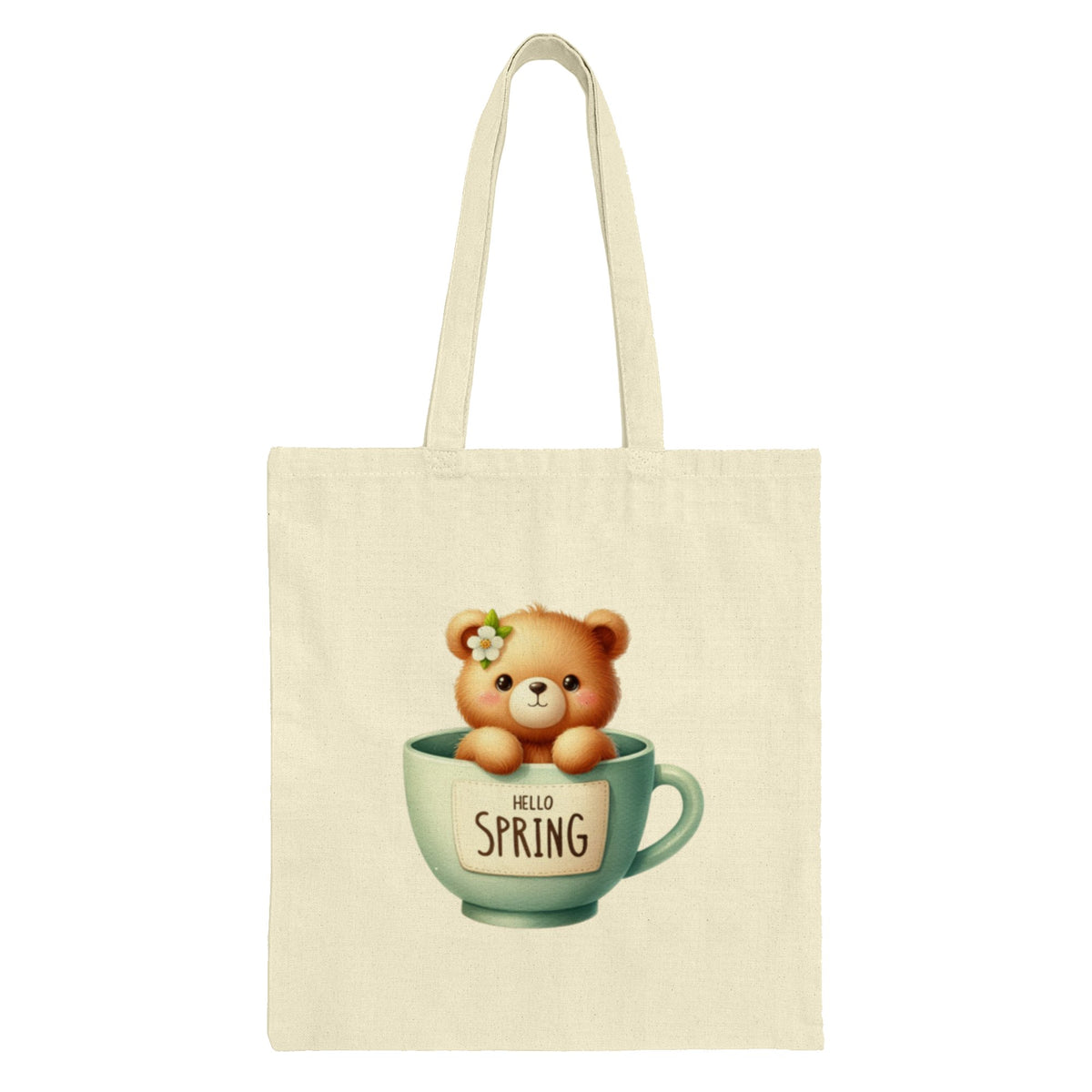 Cute Hello Spring Bear in Cup Design Tote Bag product type