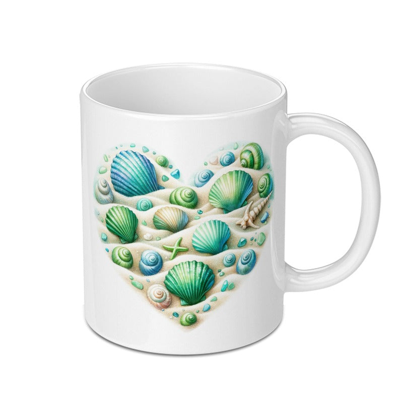 Seashells Heart Mug, Beach Lover Gift, Ocean Theme Mug, Coastal Decor, Sea Shell Art Coffee Mug, Beach House Gift, Nautical Mug - Tawshia
