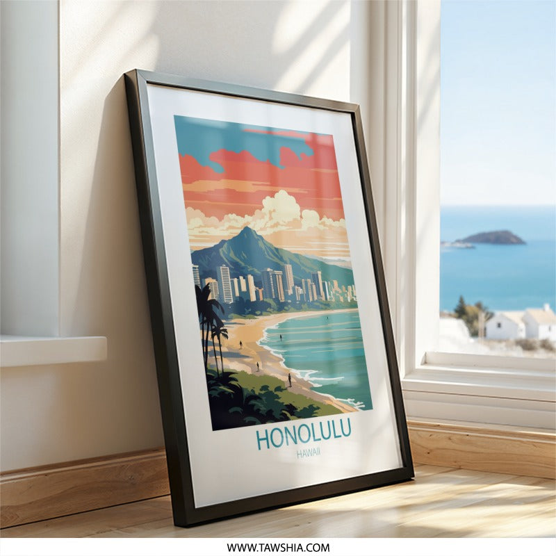 Honolulu Hawaii Wall Art, Beach Cityscape Print, Tropical Island Decor, Modern Travel Poster, Vacation Home Gift, Hawaii Artwork - Tawshia