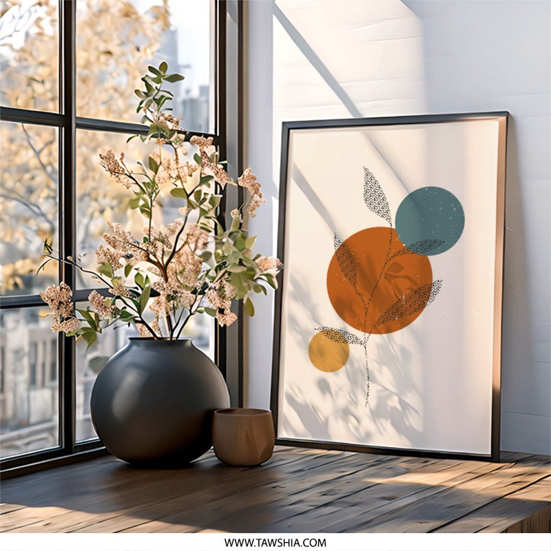 Abstract Leaves Wall Art, Geometric Print, Modern Art Print, Botanical Wall Decor, Contemporary Art, Circle Wall Art, Living Room Art - Tawshia