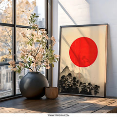 Japanese Sunrise Wall Art, Minimalist Landscape Print, Red Sun Mountain Painting, Asian Inspired Home Decor, Contemporary Artwork - Tawshia