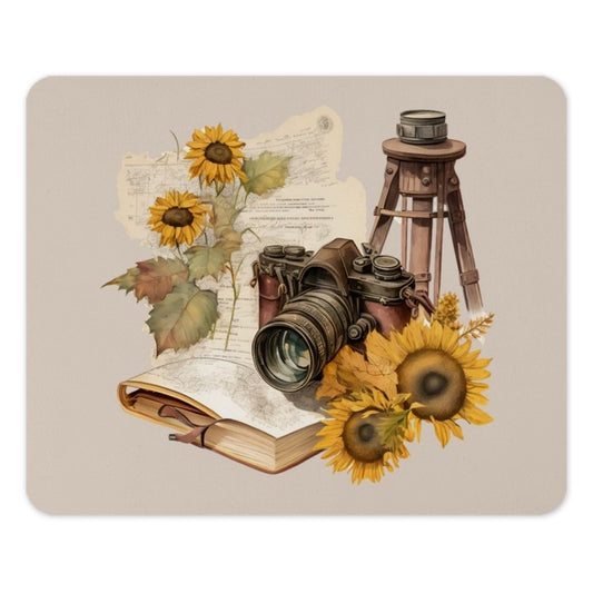 Camera and Sunflower Mouse Pad, Vintage Photography Decor, Floral Office Gift, Aesthetic Desk Accessories, Unique Mousepad - Tawshia