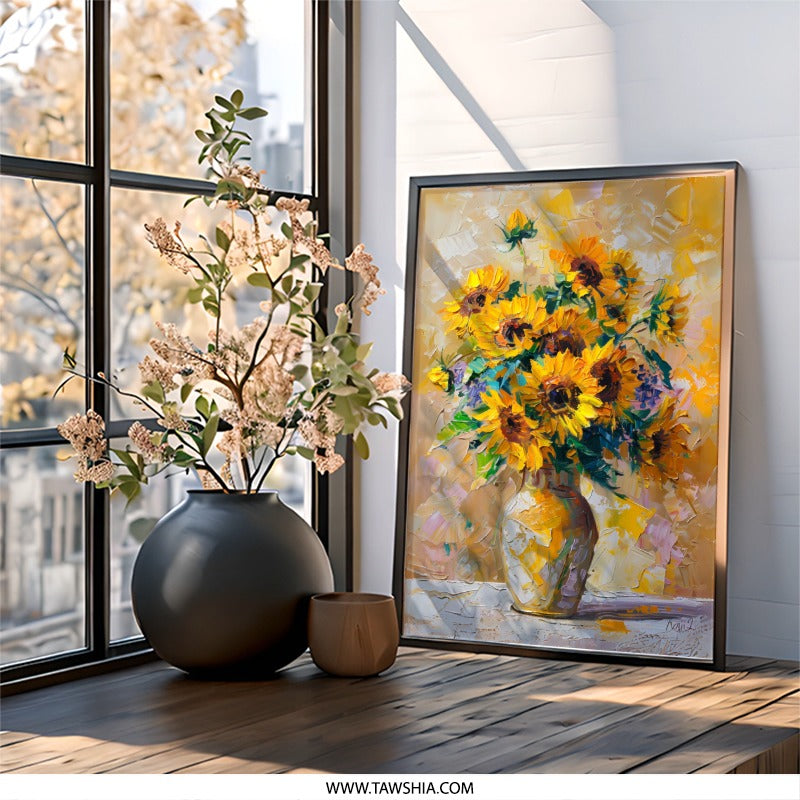Sunflower Wall Art, Floral Painting, Vase of Sunflowers, Textured Impasto Art, Home Decor, Bright Wall Decor, Flower Art Print, Yellow - Tawshia