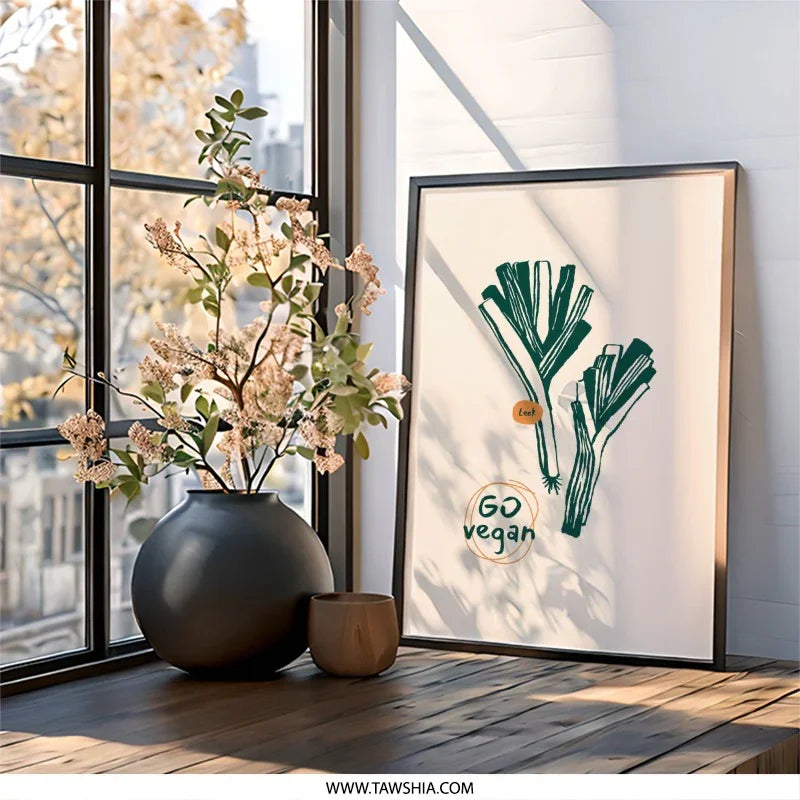 Go Vegan Leek Wall Art, Kitchen Art Print, Minimalist Food Art, Vegetable Poster, Modern Kitchen Decor, Farmhouse Art, Vegan Gift - Tawshia