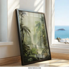 Tropical Waterfall Wall Art, Jungle Landscape Print, Lush Greenery Decor, Nature Inspired Artwork, Calming Oasis Painting - Tawshia