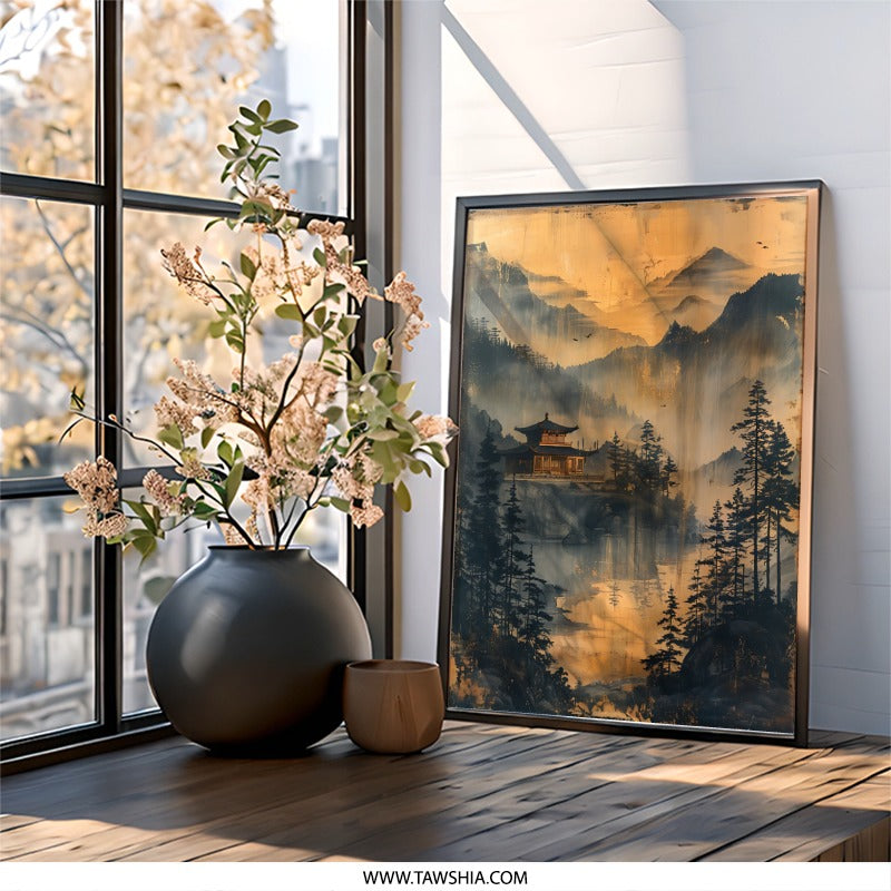 Japanese Temple Wall Art, Asian Landscape Art, Mountain Scene Print, Pagoda Art Print, Zen Decor, Home Decor, Framed Art, Wall Decor - Tawshia
