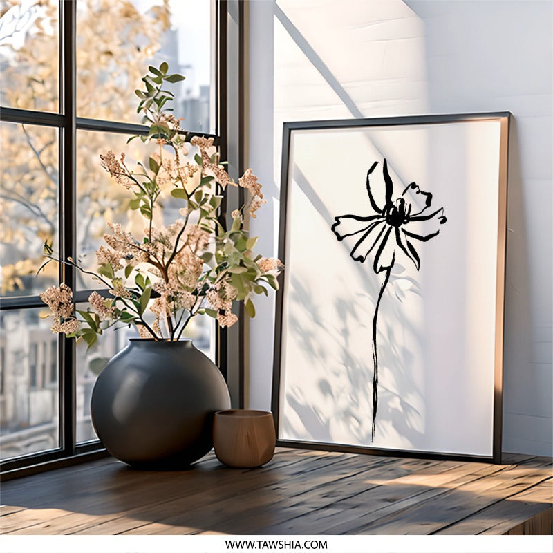 Minimalist Flower Wall Art, Botanical Print, Black and White Floral Art, Simple Line Drawing, Modern Home Decor, Unframed Art - Tawshia