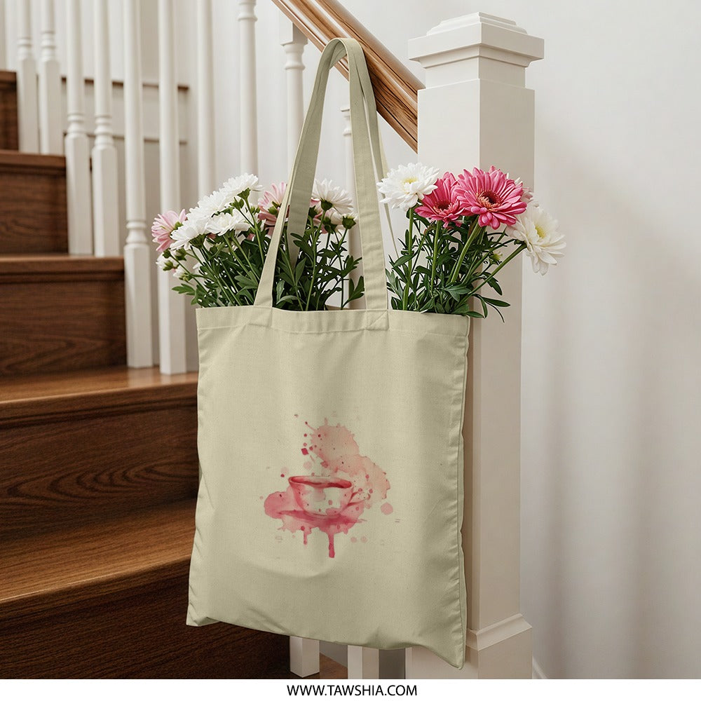 Watercolor Teacup Tote Bag, Coffee Lover Gift, Artistic Design Bag, Aesthetic Tote Bag, Cute Carryall, Reusable Shopping Bag - Tawshia