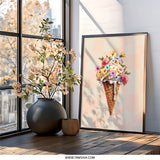 Floral Ice Cream Framed Wall Art, Cute Food Print, Dessert Home Decor, Sweet Treat Art, Creamy Cone Artwork, Unique Kitchen Wall Decor - Tawshia
