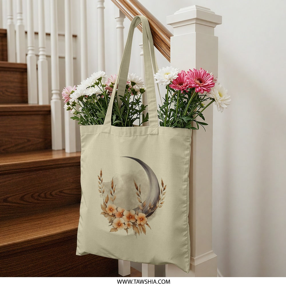 Crescent Moon Flowers Tote Bag, Floral Moon Tote, Celestial Design Tote, Artistic Bag, Trendy Tote, Unique Gift Idea - Tawshia