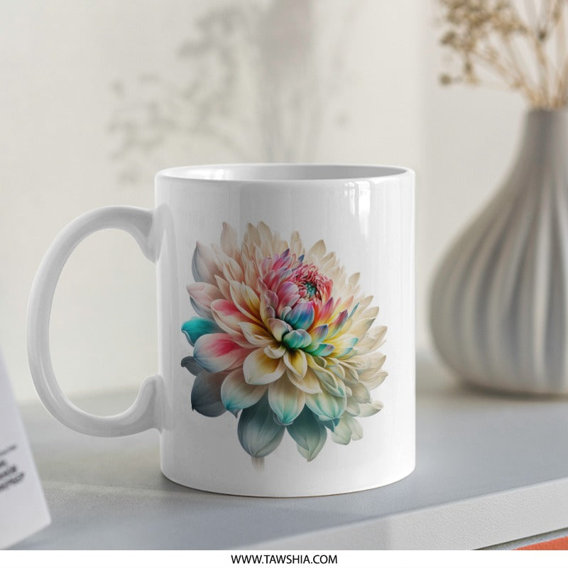 Floral Mug, Dahlia Flower Gift, Colorful Flower Coffee Cup, Botanical Art Mug, Unique Tea Cup, Gift for Her, Flower Lover Mug, Floral Art - Tawshia