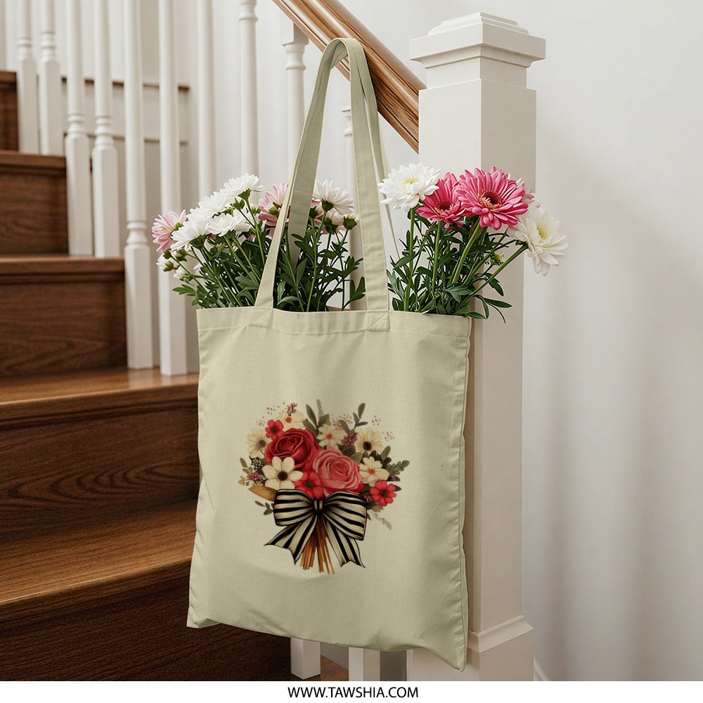 Floral Bouquet Tote Bag, Elegant Rose Design, Striped Bow Accent, Stylish Tote, Everyday Bag, Gift Idea, Shopping Tote, Book Tote - Tawshia