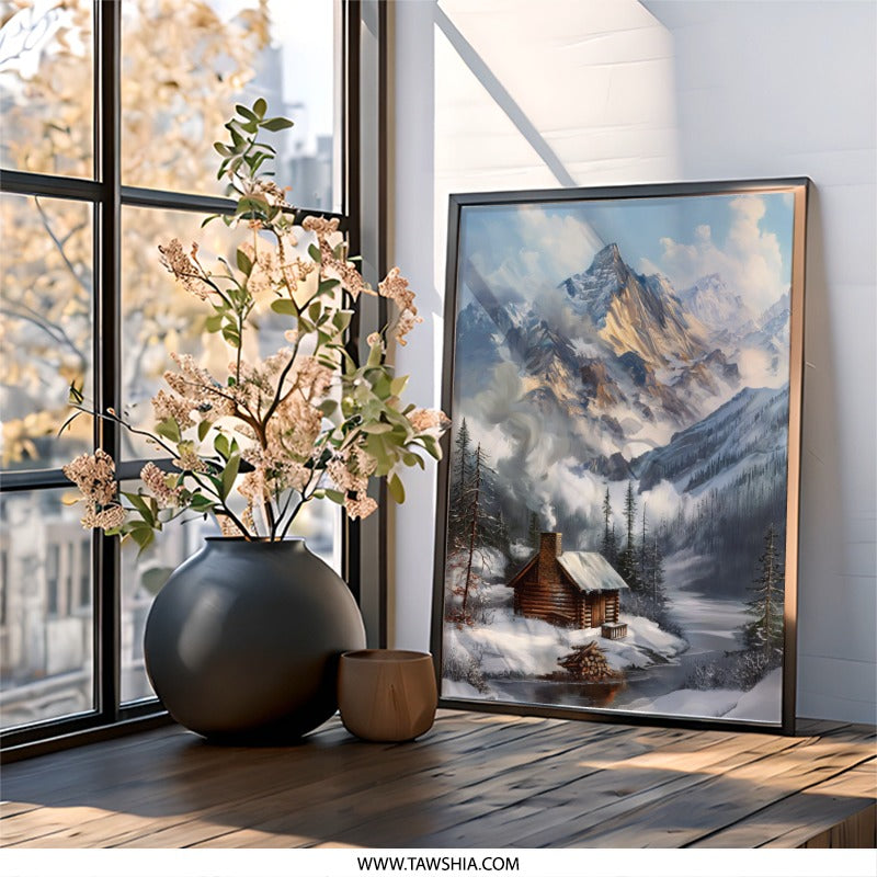 Winter Cabin Wall Art, Mountain Landscape Painting, Snowy Lodge Print, Rustic Home Decor, Winter Wonderland Art - Tawshia