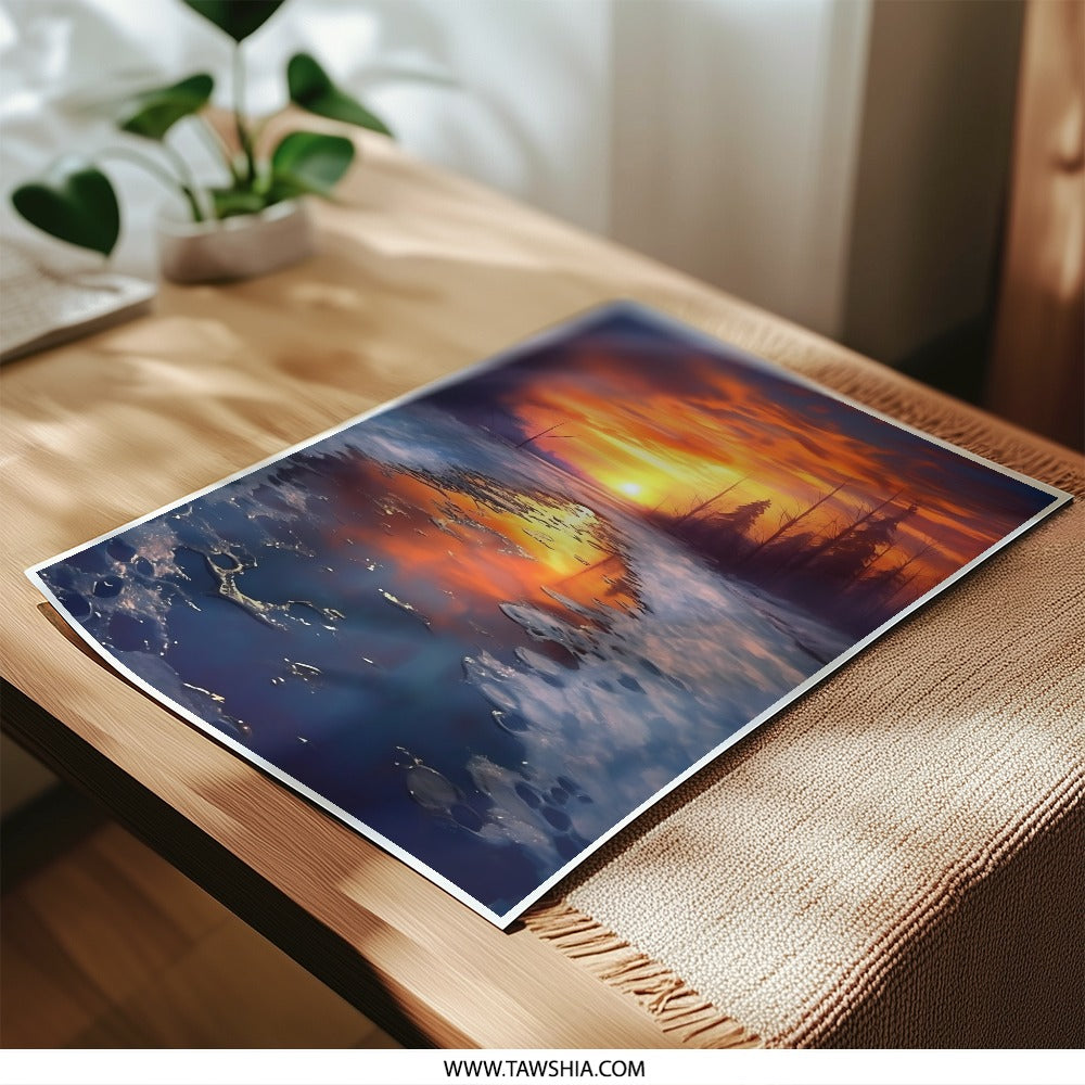 Winter Sunset Photographic Print, Frozen Lake Art, Landscape Photo, Nature Wall Art, Scenic Decor, Home Decor, Gift Idea, Art Print - Tawshia