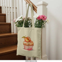 Peach Cupcake Tote Bag, Watercolor Dessert, Foodie Gift Idea, Cute Reusable Shopping Bag, Bakery Lover Present, Sweet Treat Design - Tawshia