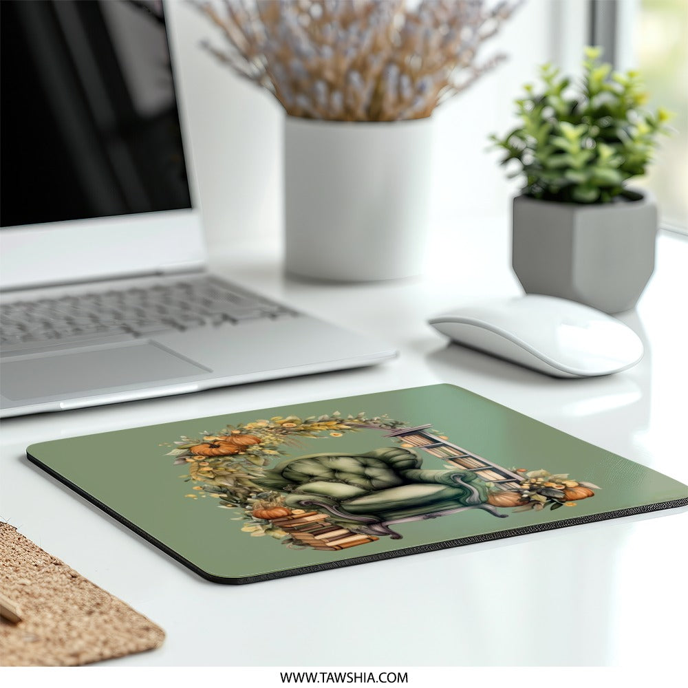 Green Armchair Mouse Pad, Fall Home Decor, Pumpkin Art Desk Mat, Cozy Library Mousepad, Aesthetic Desk Accessories, Book Lover Gift - Tawshia