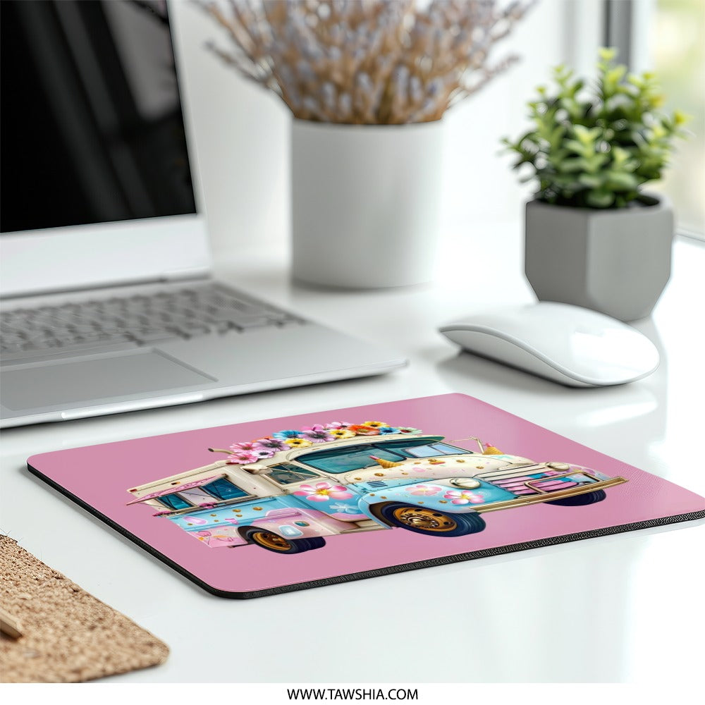 Floral Ice Cream Truck Mouse Pad, Cute Pink Flower Art, Whimsical Desk Decor, Unique Gift, Office Accessories - Tawshia