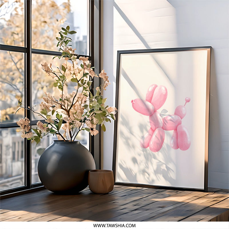 Balloon Dog Wall Art, Pink Puppy Decor, Cute Animal Print, Nursery Art, Playroom Decor, Party Animal, Kid's Room Artwork - Tawshia