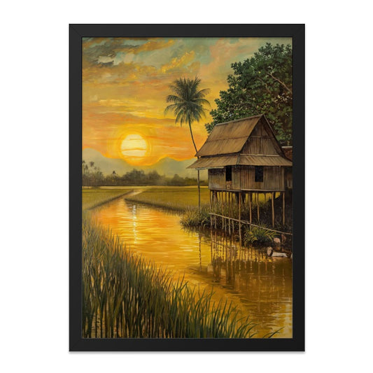 Golden Sunset Wall Art, Tropical House Painting, Rice Field Scenery, Peaceful Landscape Print, Nature Home Decor, Asian Art Print - Tawshia