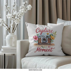 Capture the Moment Pillow, Camera Pillow, Floral Accent Pillow, Decorative Throw Pillow, Home Decor Pillow, Gift for Photographers - Tawshia