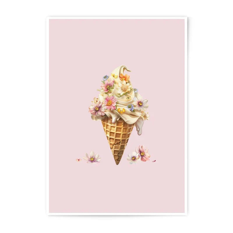 Floral Ice Cream Cone Photographic Prints, Whimsical Wall Art, Pastel Pink Decor, Summer Dessert Art, Flower Ice Cream Prints - Tawshia