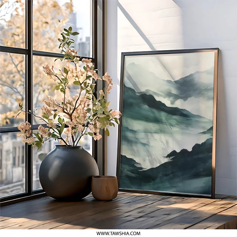Misty Mountain Wall Art, Abstract Landscape Print, Serene Nature Decor, Modern Wall Art, Atmospheric Artwork, Calming Scenery Print - Tawshia