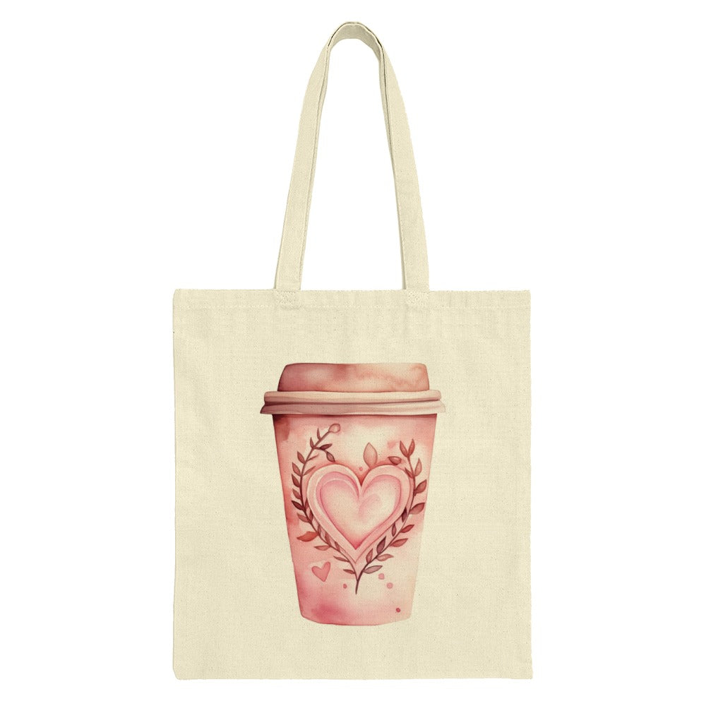 Coffee Heart Tote Bag, Cute Beverage Bag, Valentines Gift Tote, Pink Watercolor Design, Trendy Shopper Bag, Unique Art Tote - Tawshia