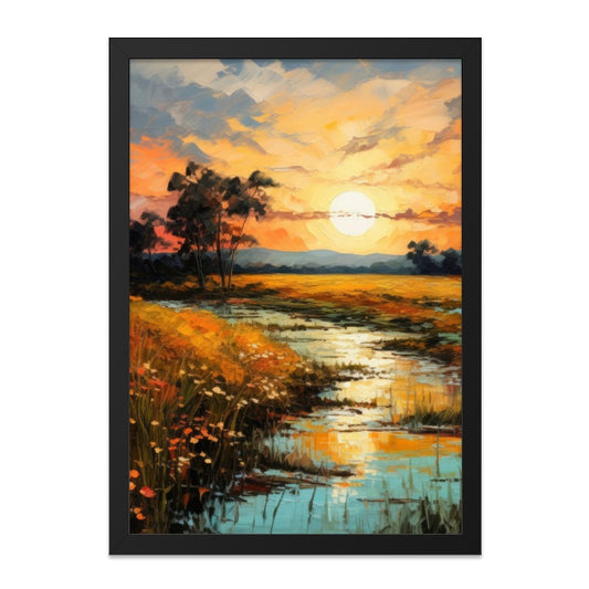 Sunset Landscape Wall Art, Impressionist Painting Print, Golden Hour Field, Scenic Nature Artwork, Serene River Home Decor - Tawshia