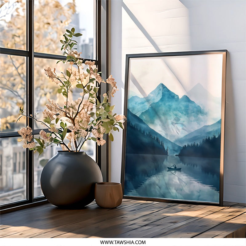 Serene Mountain Lake Wall Art, Moody Landscape Print, Minimalist Rowing Scene, Peaceful Nature Decor, Modern Home Art, Tranquil Gift - Tawshia