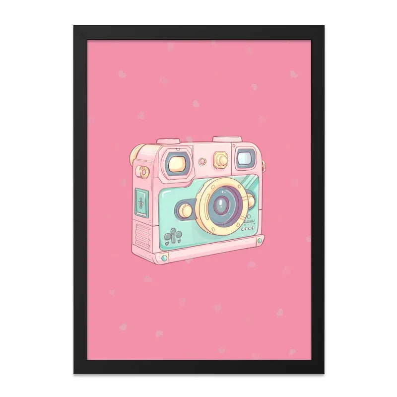 Cute Camera Framed Wall Art, Kawaii Pink Room Decor, Retro Camera Print, Pastel Aesthetic, Trendy Wall Hanging, Black Frame Options - Tawshia