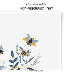 Floral Photographic Print, Bee Art, Flower Wall Decor, Yellow and Blue Botanical Print, Insect Illustration, Nature Artwork - Tawshia