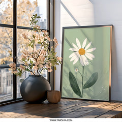 Daisy Wall Art, Floral Print, Botanical Decor, Minimalist Art, Flower Wall Decor, Simple Art Print, Spring Decor, Green Wall Art (138) - Tawshia