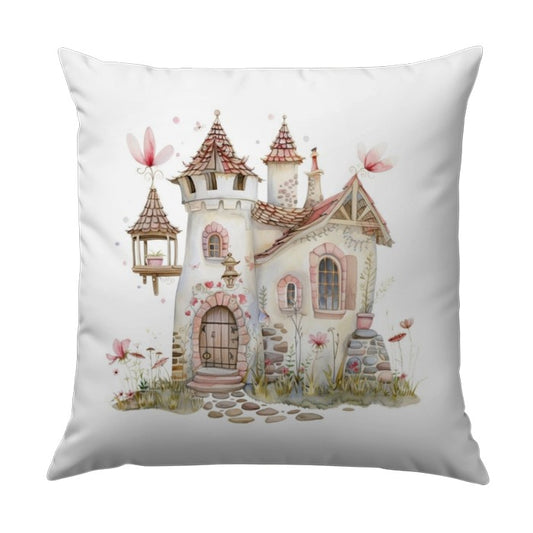 Watercolor Fairy Tale Castle Pillow, Cottagecore Decor Throw Pillow, Dreamy Home Accent Pillow, Whimsical House Art Pillow - Tawshia