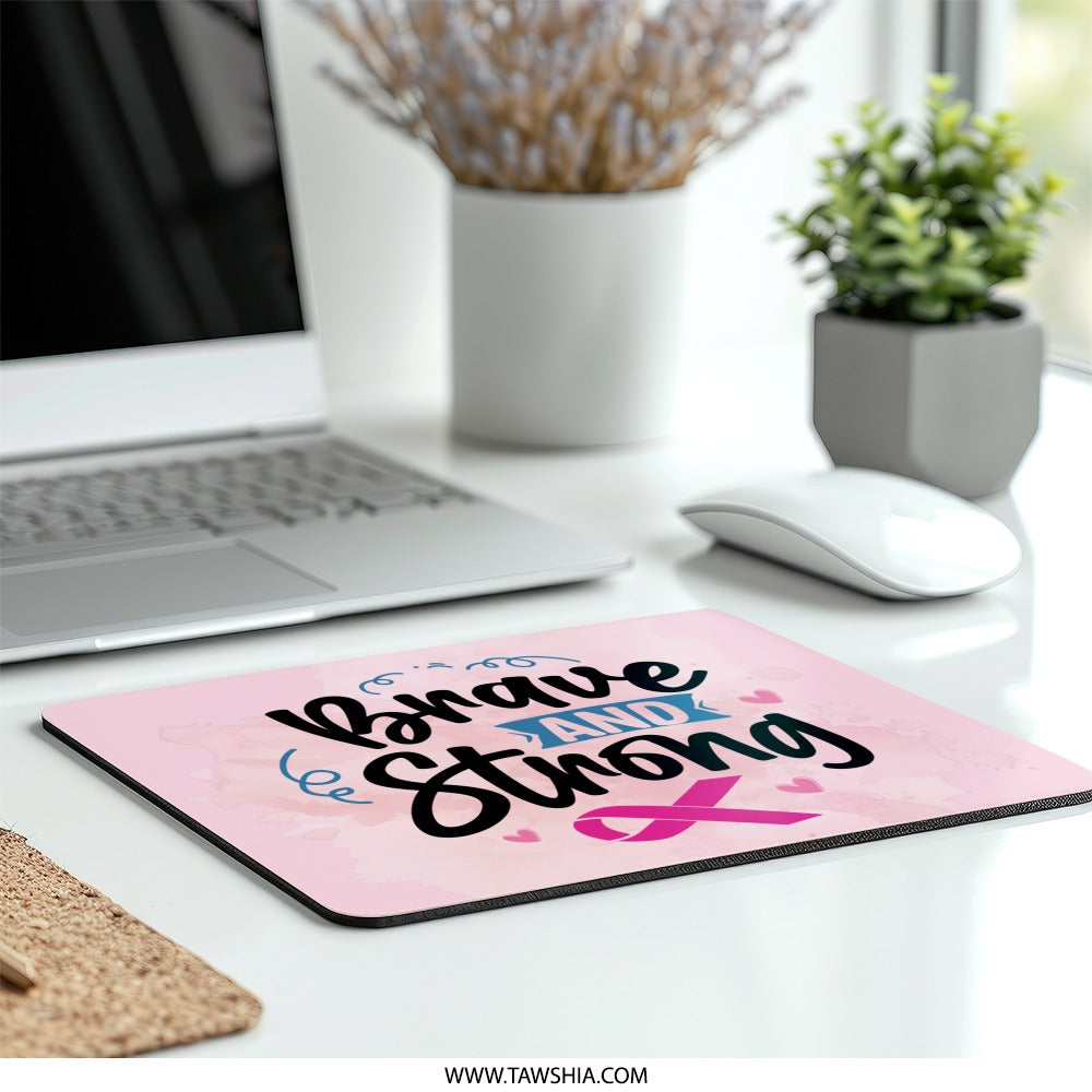 Brave Strong Mouse Pad, Breast Cancer Awareness Gift, Pink Ribbon Support, Motivation Desk Decor, Survivor Present, Fight Like A Girl - Tawshia