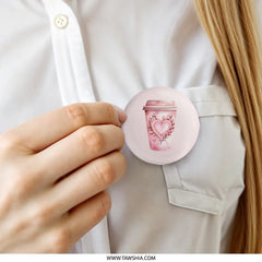Pink Coffee Cup Pinback Button, Watercolor Heart Pin Badge, Cute Aesthetic Button, Valentine's Day Gift, Coffee Lover Gift - Tawshia