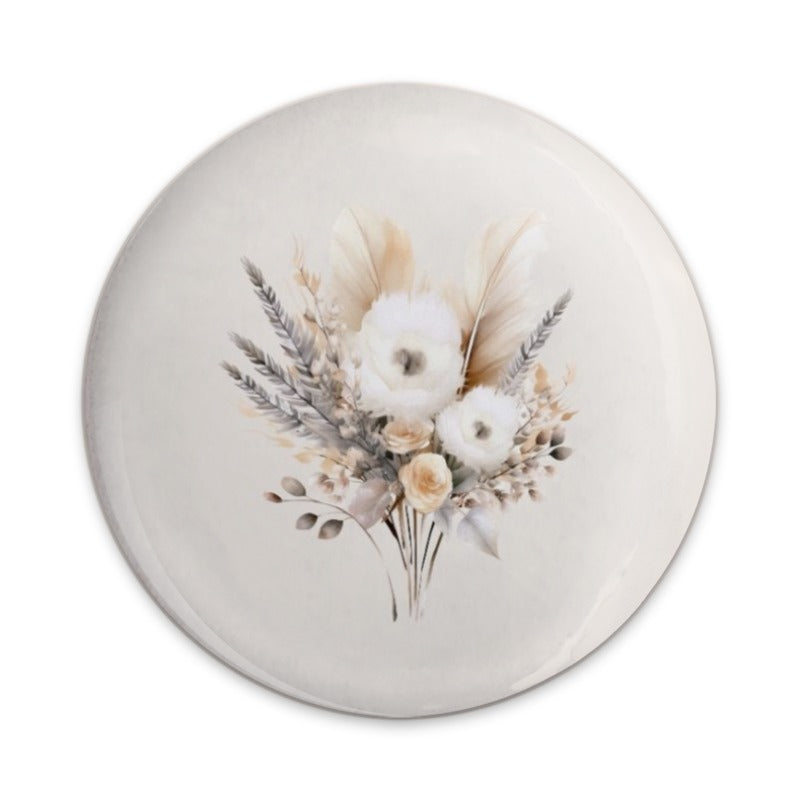 Floral Bouquet Pinback Button, Bohemian Feathers Button, Elegant Flower Badge, Boho Chic Gift, Rustic Wedding Favors, Cute Aesthetic Pin - Tawshia