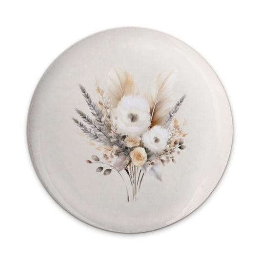 Floral Bouquet Pinback Button, Bohemian Feathers Button, Elegant Flower Badge, Boho Chic Gift, Rustic Wedding Favors, Cute Aesthetic Pin - Tawshia