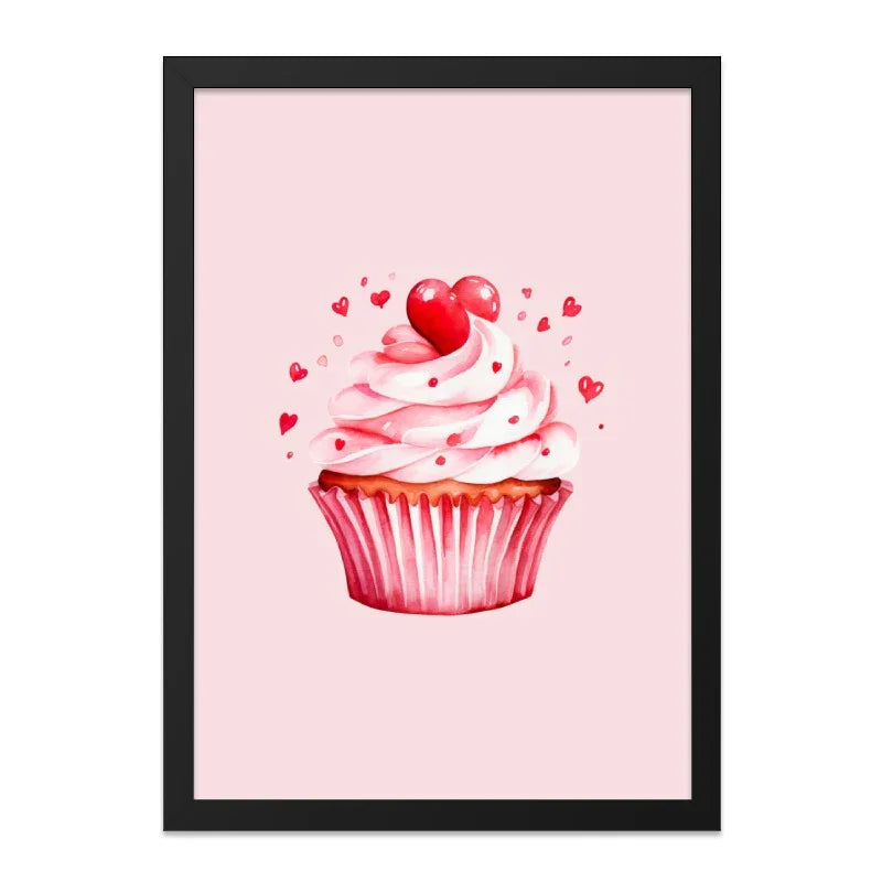 Cupcake Wall Art, Heart Topped Cupcake Print, Watercolor Cupcake Decor, Pink Cupcake Painting, Sweet Treat Wall Art, Foodie Gift Idea - Tawshia