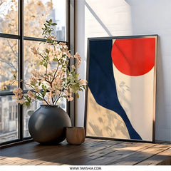 Abstract Wall Art, Red Sun Print, Navy Blue Shapes, Modern Art Decor, Geometric Art, Minimalist Art Print, Home Decor Wall Art - Tawshia