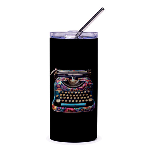 Floral Typewriter Tumbler, Retro Writing Machine Drinkware, Unique Office Gift, Writer Gift, Personalized Tumbler, Custom Tumblers - Tawshia