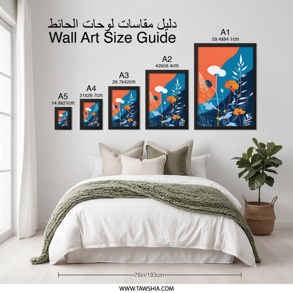 Abstract Floral Wall Art, Modern Botanical Print, Orange and Blue Flower Artwork, Contemporary Home Decor, Nature Inspired Art - Tawshia